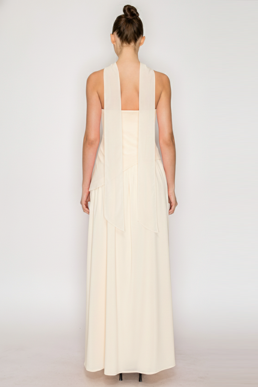 Strapless Scarf Neck Overlay Maxi Dress