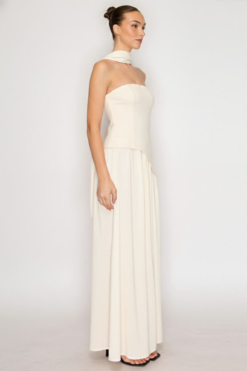 Strapless Scarf Neck Overlay Maxi Dress