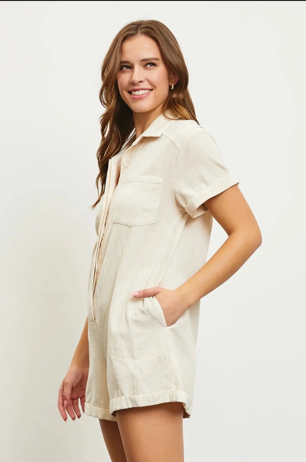 Ecru Short Sleeve Linen Romper