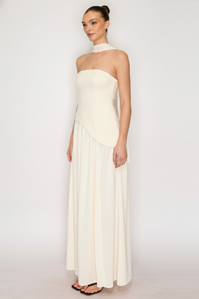 Strapless Scarf Neck Overlay Maxi Dress