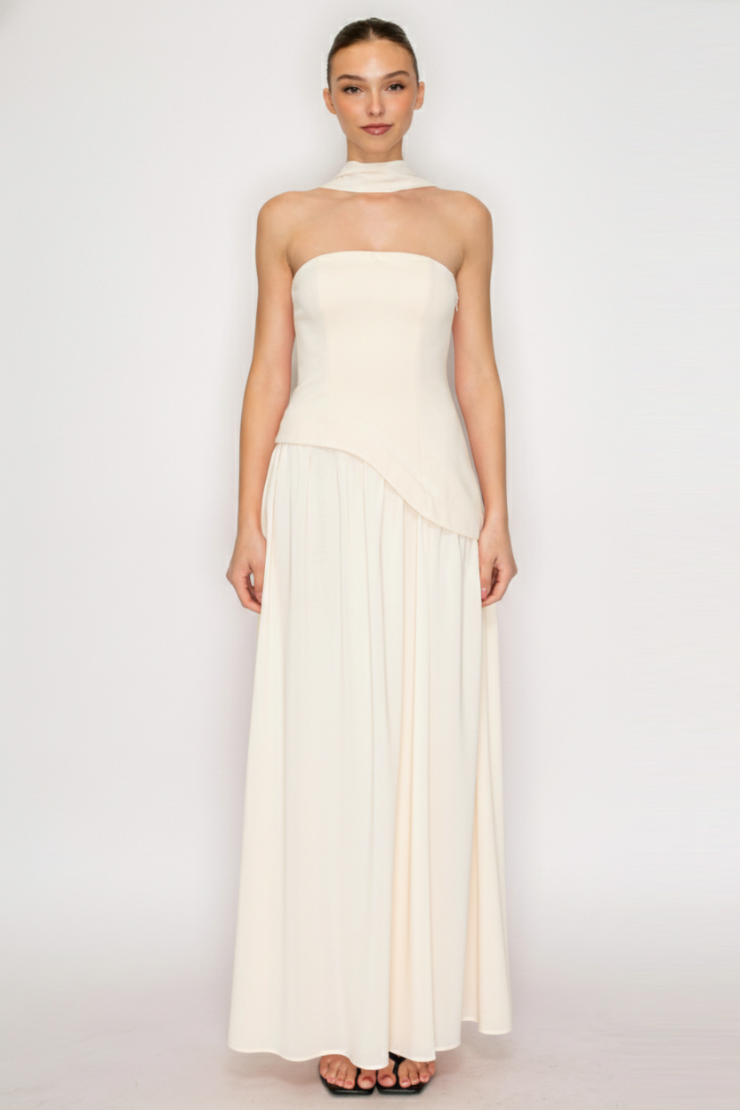 Strapless Scarf Neck Overlay Maxi Dress