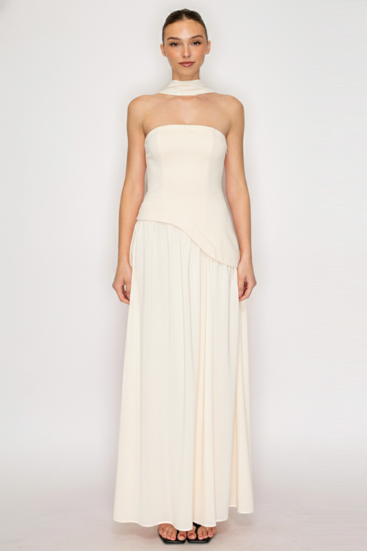 Strapless Scarf Neck Overlay Maxi Dress