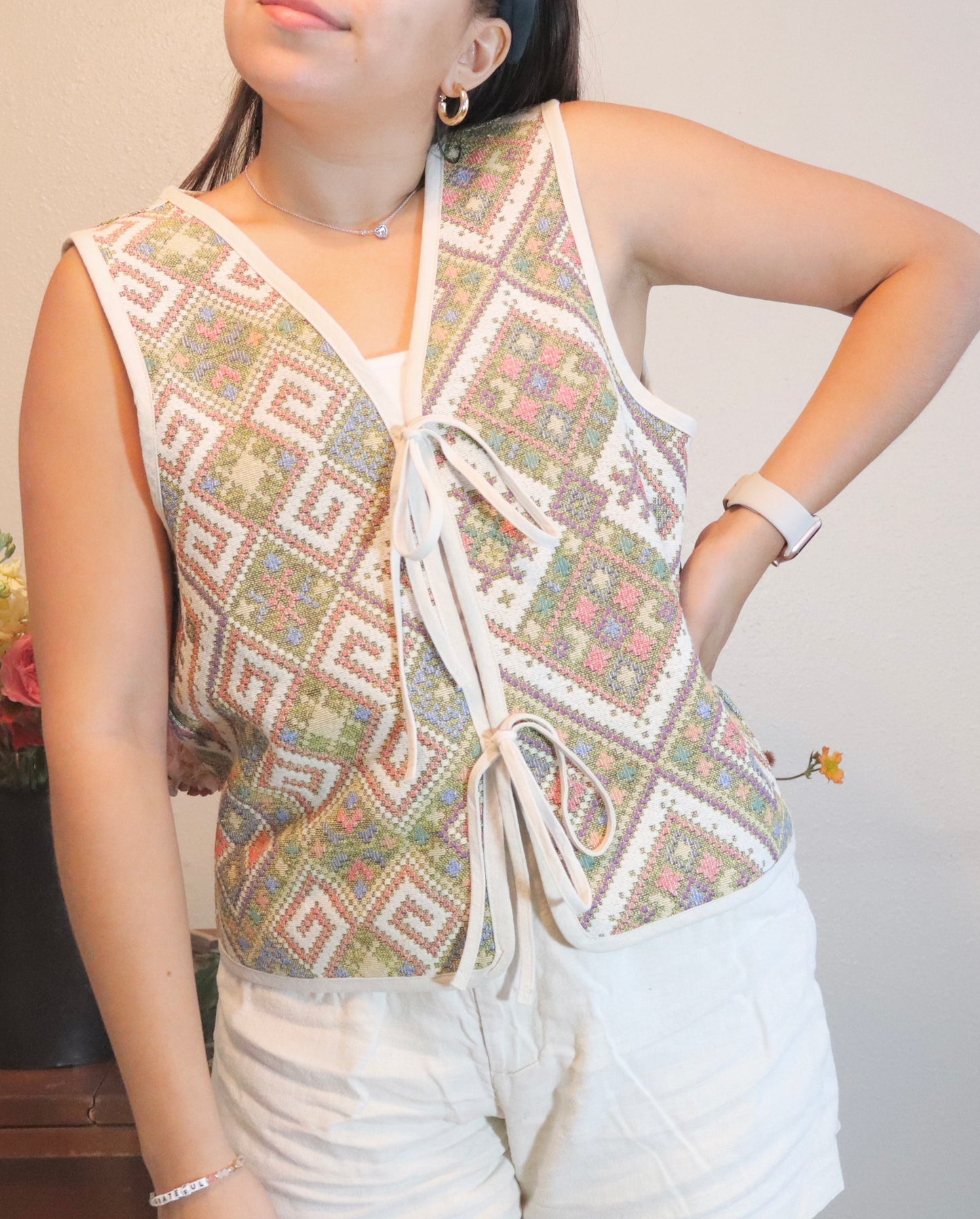 Ethnic Woven Jacquard Tie Front Vest