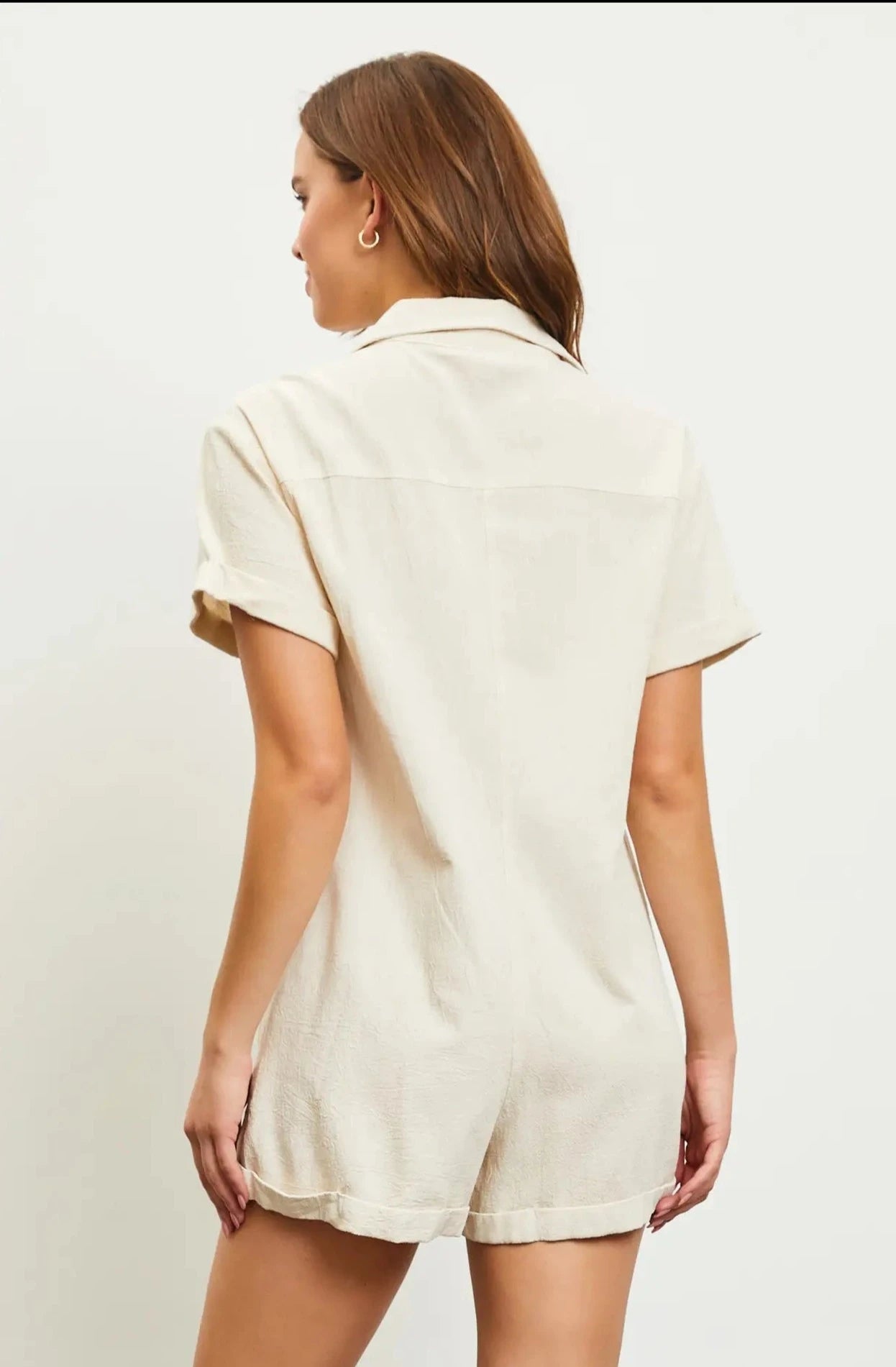 Ecru Short Sleeve Linen Romper