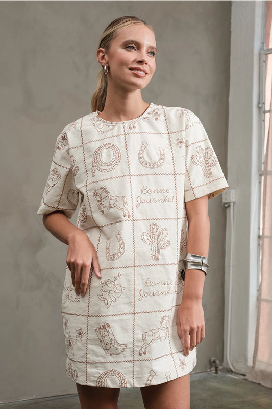 Western Prints Embroidered Mini Dress